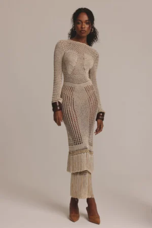 VESTIDO LONGO SELENITA BRANCO COM MESCLAS DOURADO